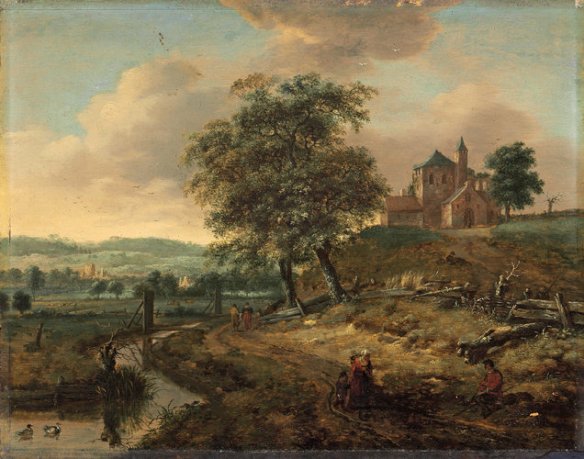Jan Wijnants, A landscape with travellers on a path by a stream and a medieval church, oil on panel. Christies