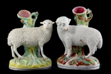Near Pair of Staffordshire Sheep Spill Vases