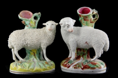 Near Pair of Staffordshire Sheep Spill Vases